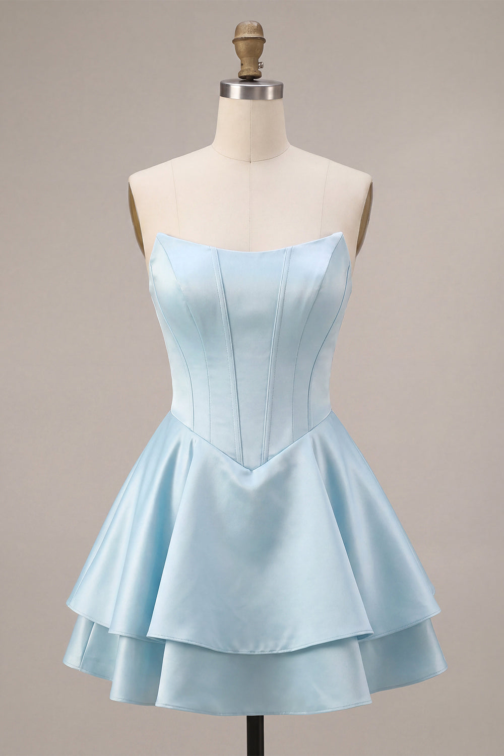 Strapless Blue Basque Waist A-Line Tiered Ruffled Corset Satin Homecoming Dress