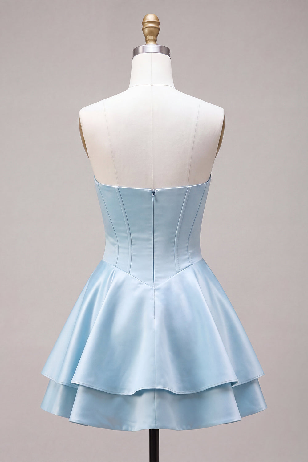 Strapless Blue Basque Waist A-Line Tiered Ruffled Corset Satin Homecoming Dress