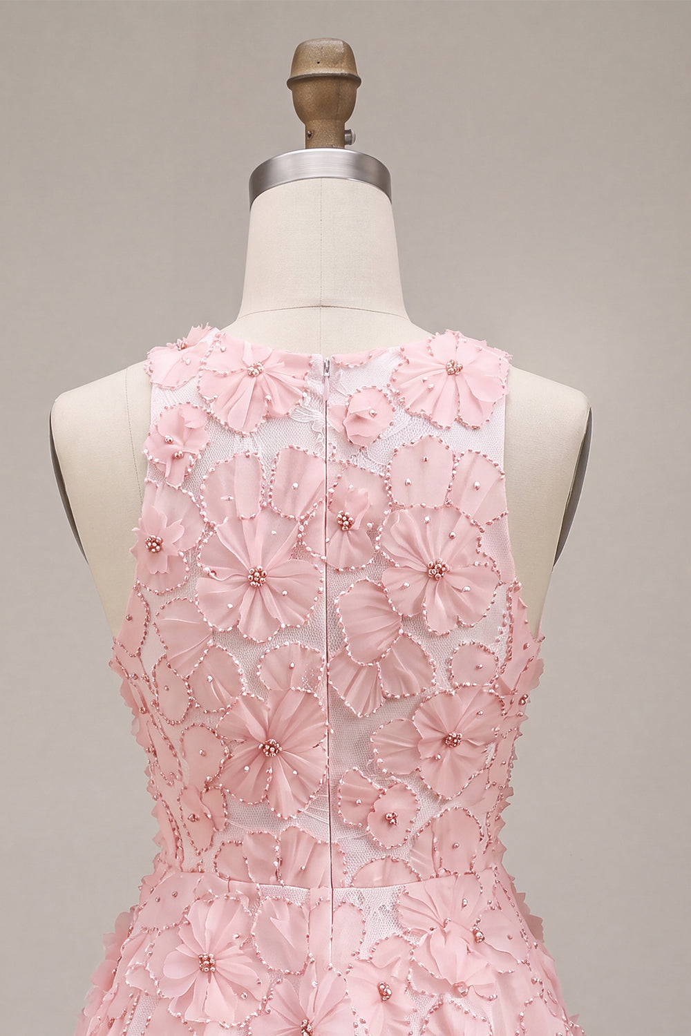 Pink A-Line Floral Round Neck Pearls Ruffled Homecoming Dress with Beading