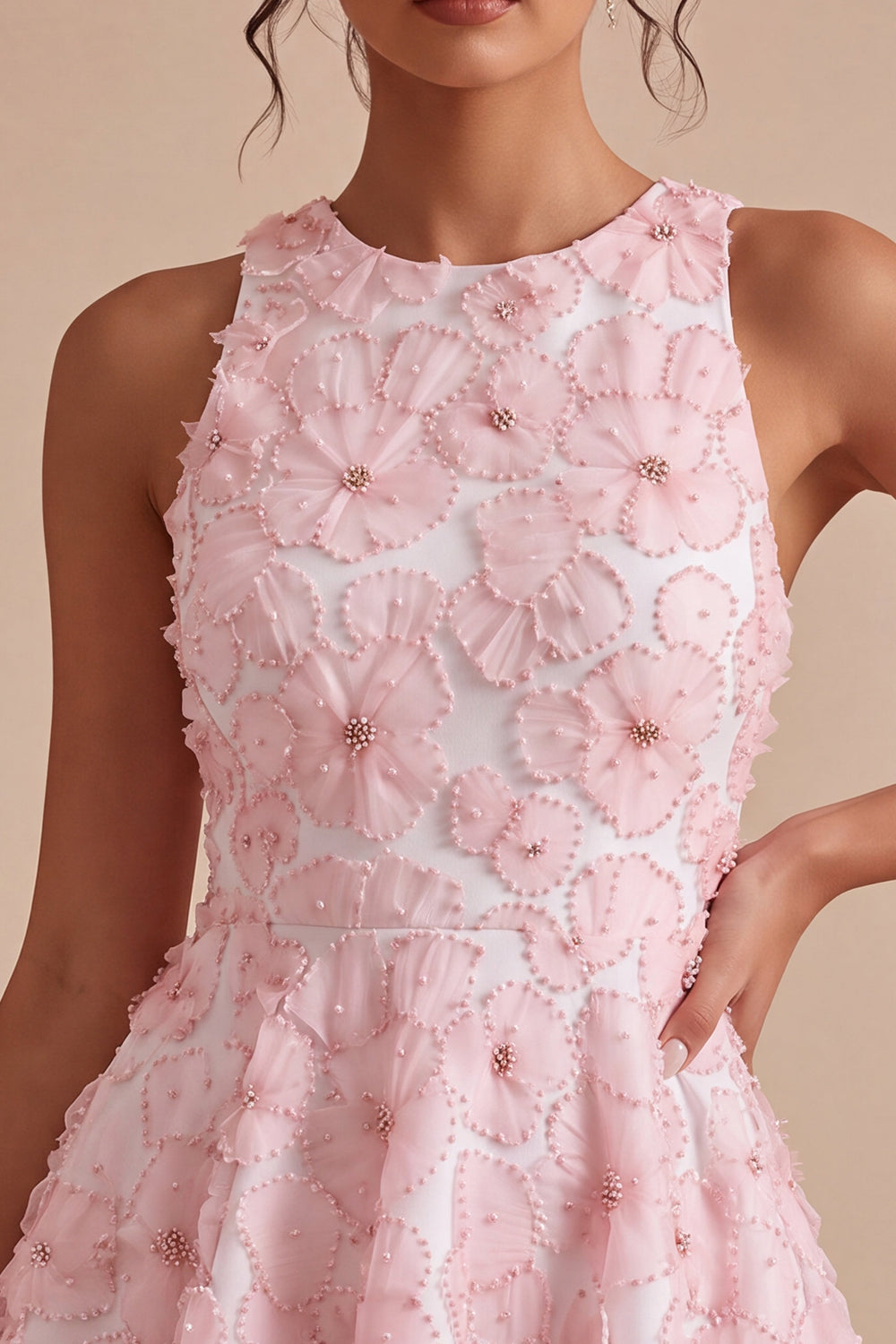 Pink A-Line Floral Round Neck Pearls Ruffled Homecoming Dress with Beading