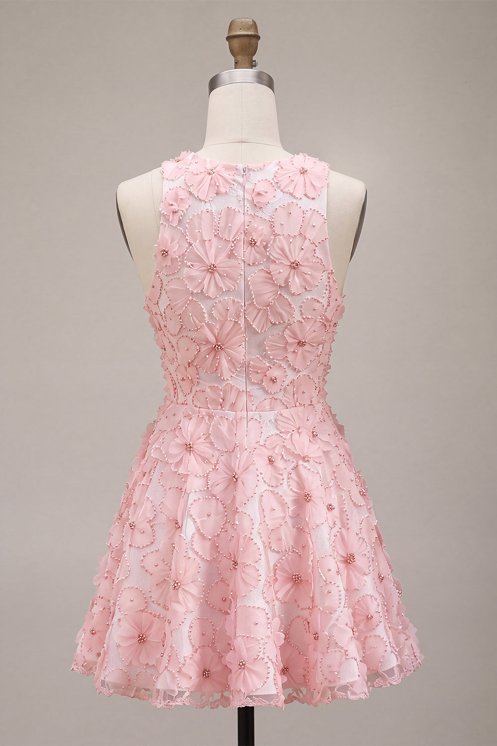 Pink A-Line Floral Round Neck Pearls Ruffled Homecoming Dress with Beading