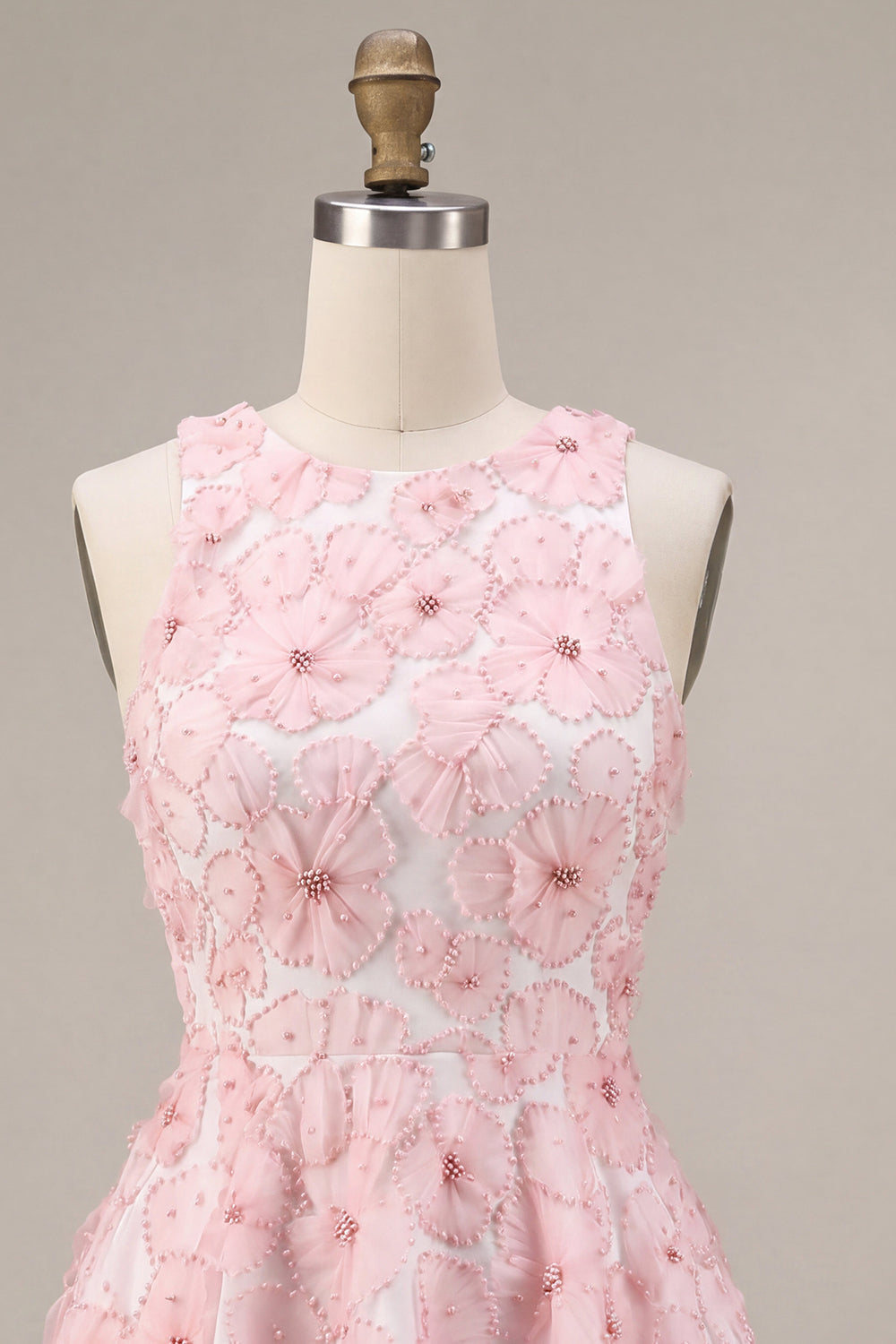 Pink A-Line Floral Round Neck Pearls Ruffled Homecoming Dress with Beading