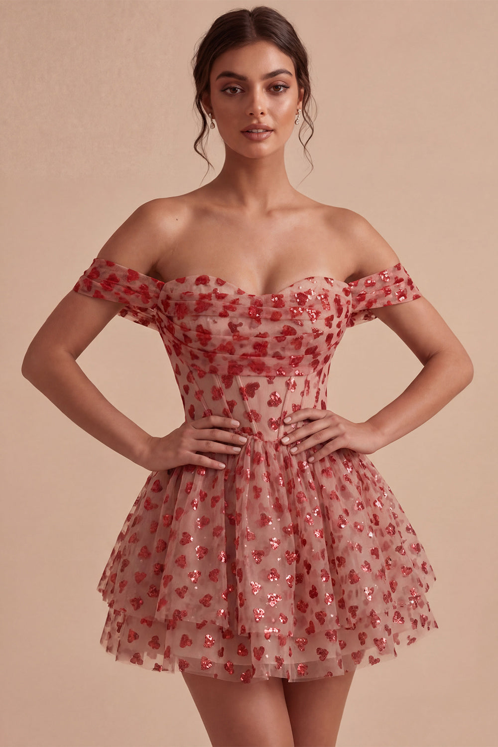 Off the Shoulder Red A-Line Sequins Corset Tiered Ruffled Homecoming Dress