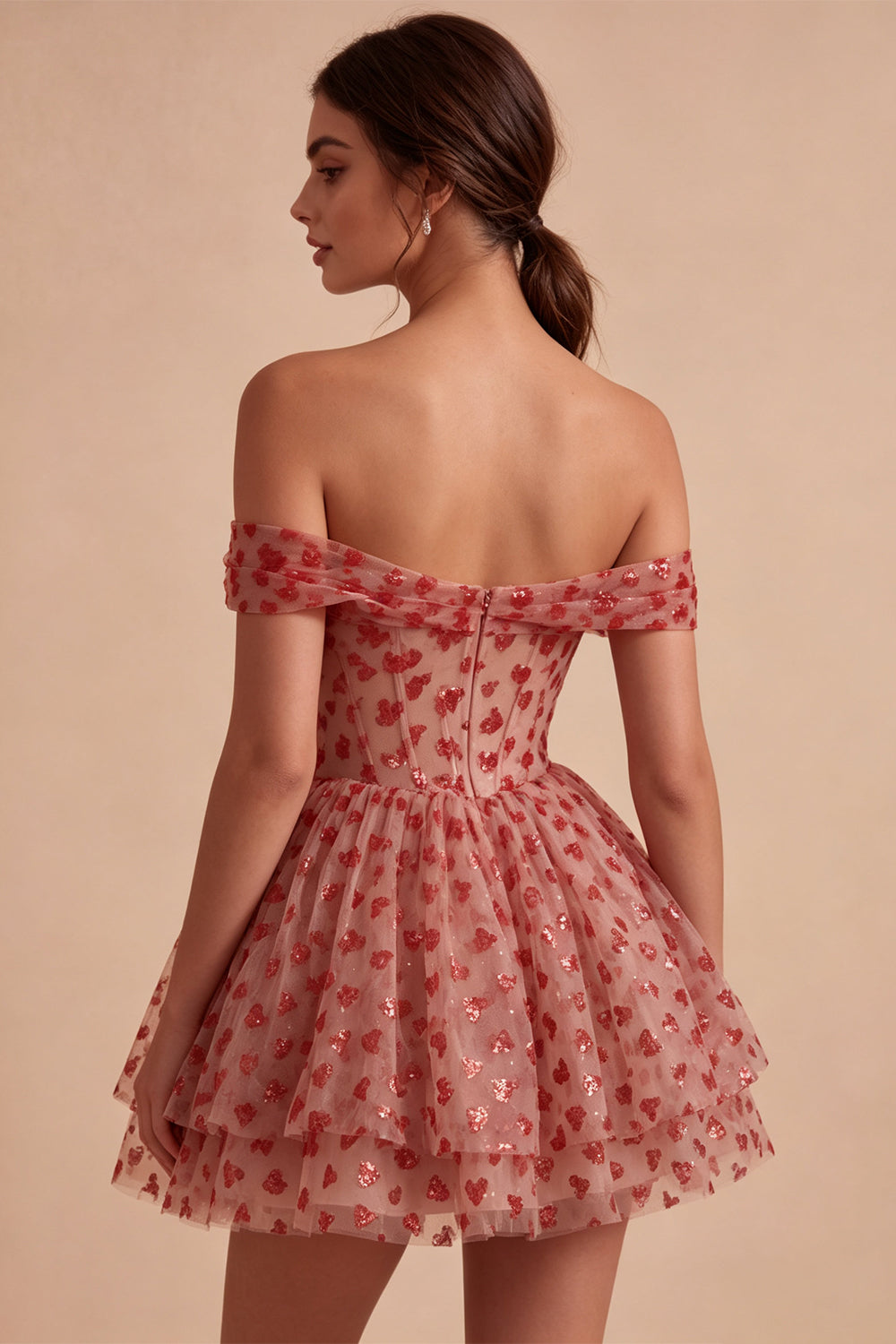 Off the Shoulder Red A-Line Sequins Corset Tiered Ruffled Homecoming Dress