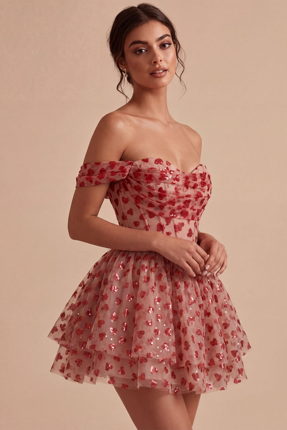 Off the Shoulder Red A-Line Sequins Corset Tiered Ruffled Homecoming Dress