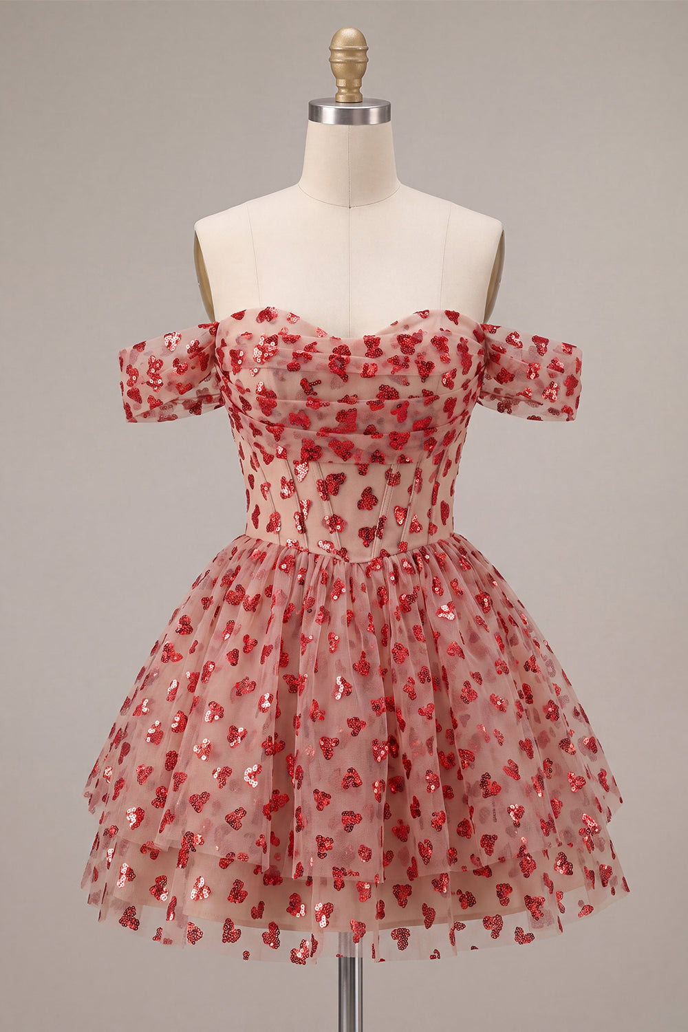 Off the Shoulder Red A-Line Sequins Corset Tiered Ruffled Homecoming Dress