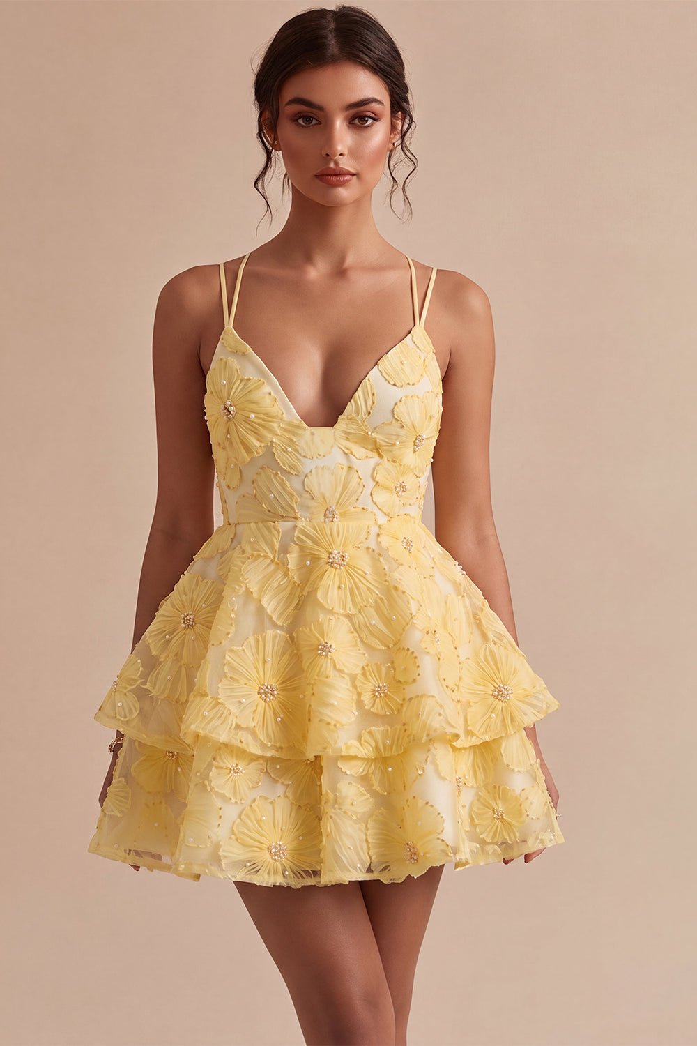 Yellow Floral A-Line Beaded Pearls Tiered Ruffled Short Homecoming Dress