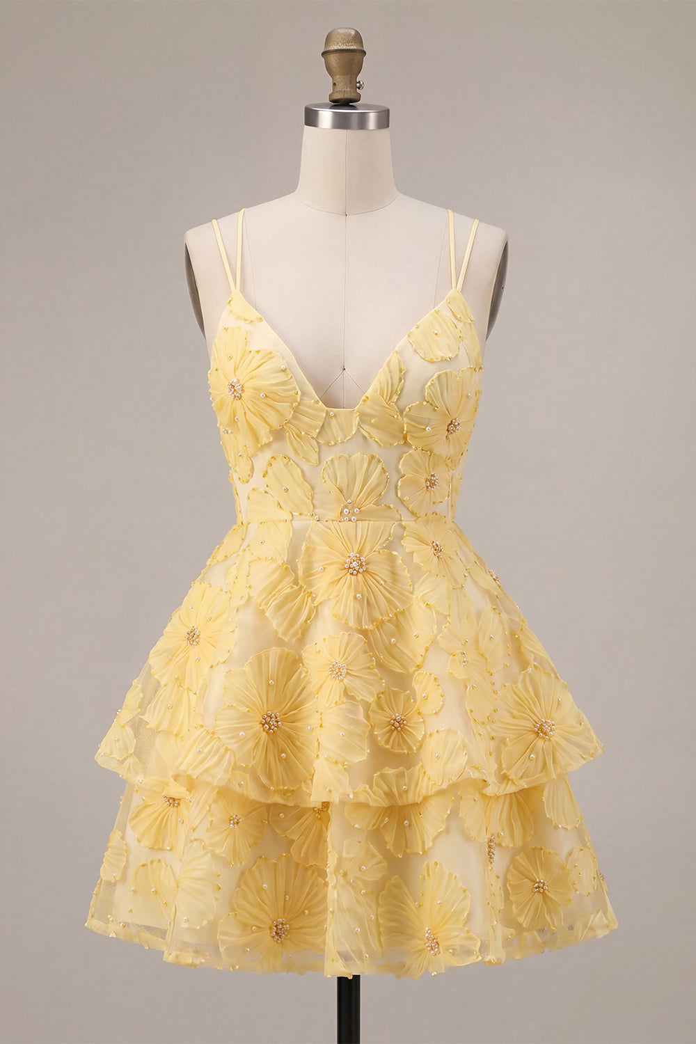 Yellow Floral A-Line Beaded Pearls Tiered Ruffled Short Homecoming Dress