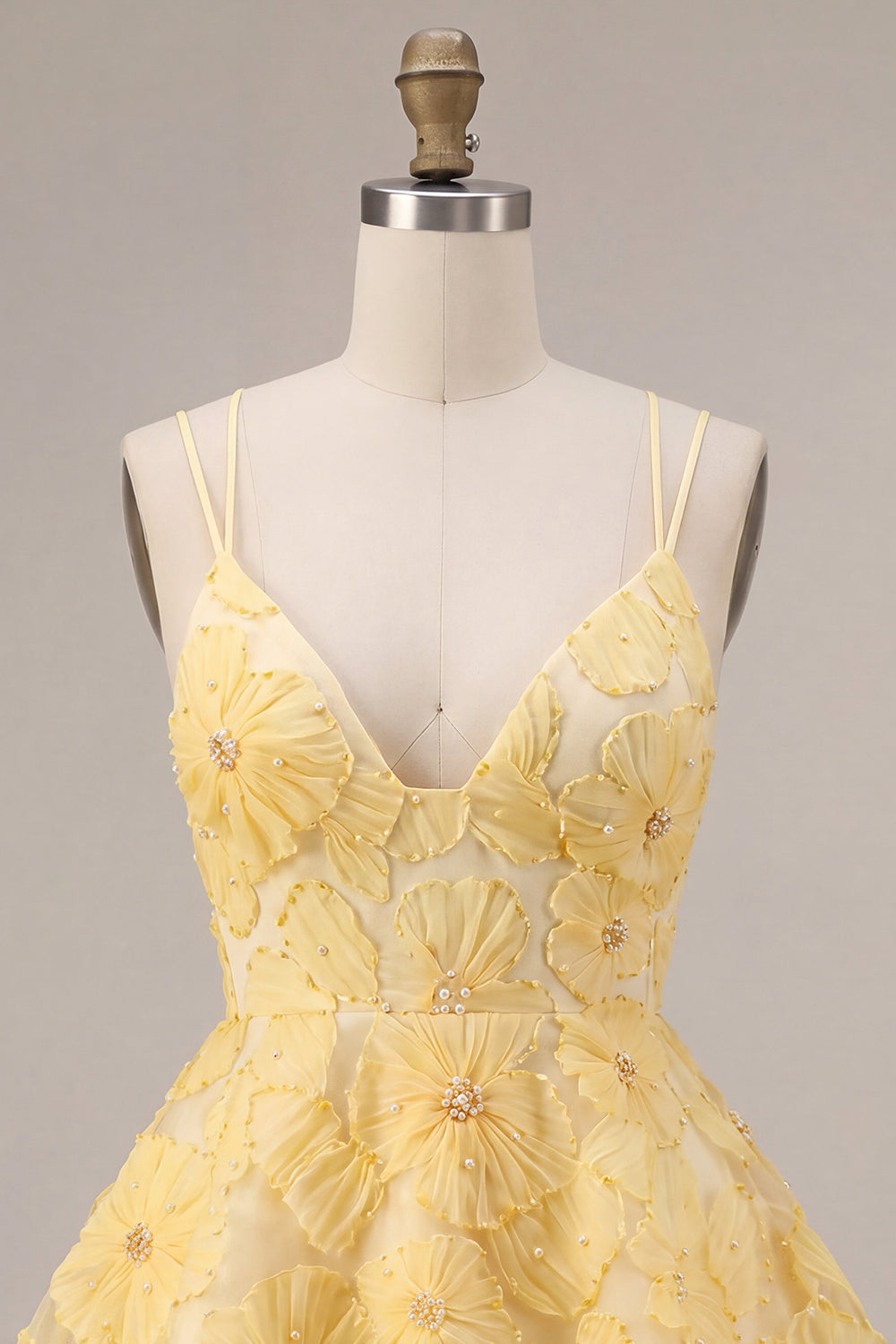 Yellow Floral A-Line Beaded Pearls Tiered Ruffled Short Homecoming Dress
