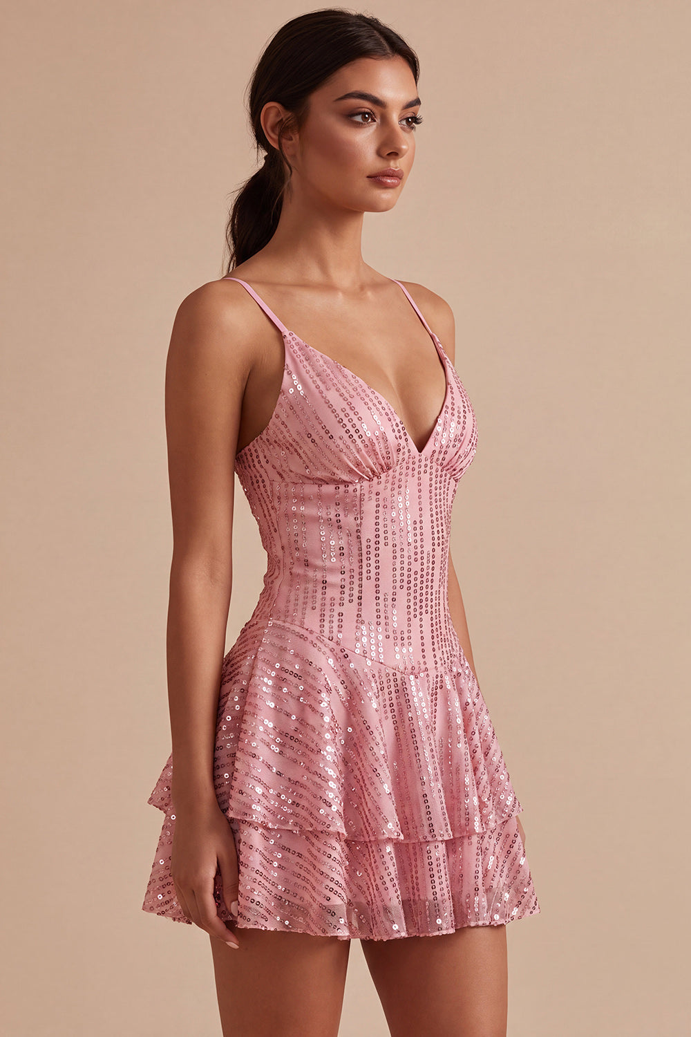 A-Line Pink Tiered Ruffled Sequins Short Cocktail Dress