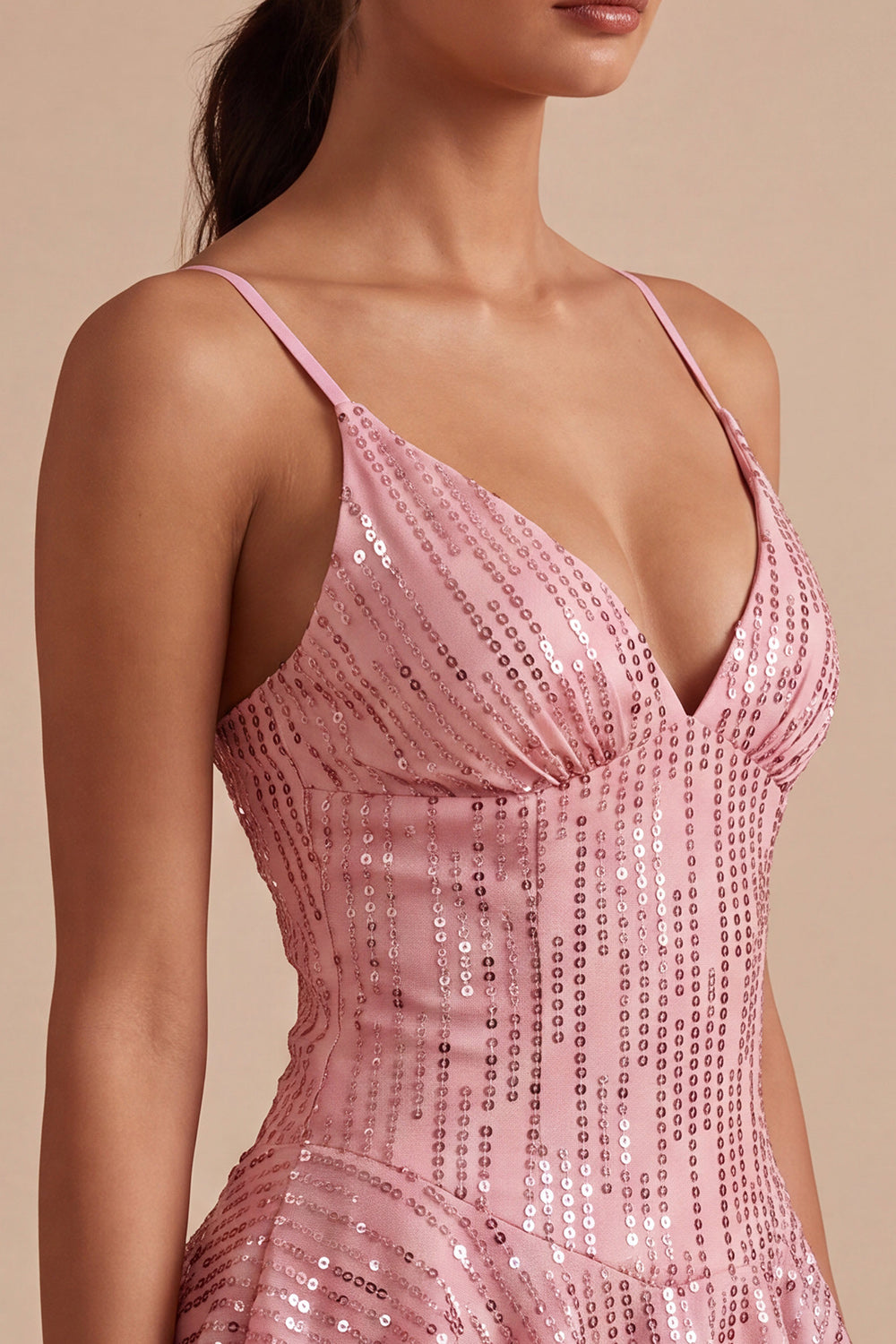 A-Line Pink Tiered Ruffled Sequins Short Cocktail Dress