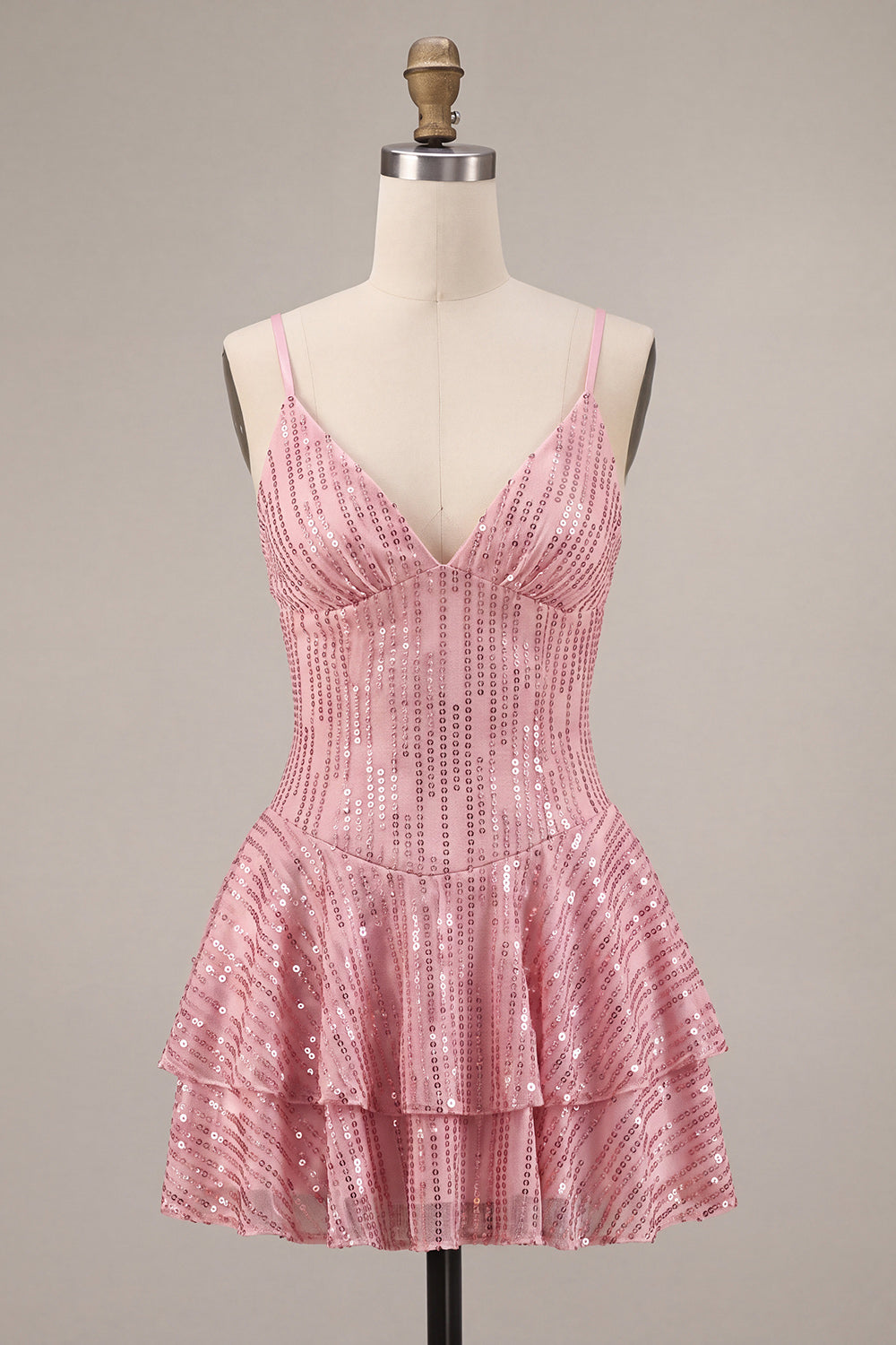 A-Line Pink Tiered Ruffled Sequins Short Cocktail Dress