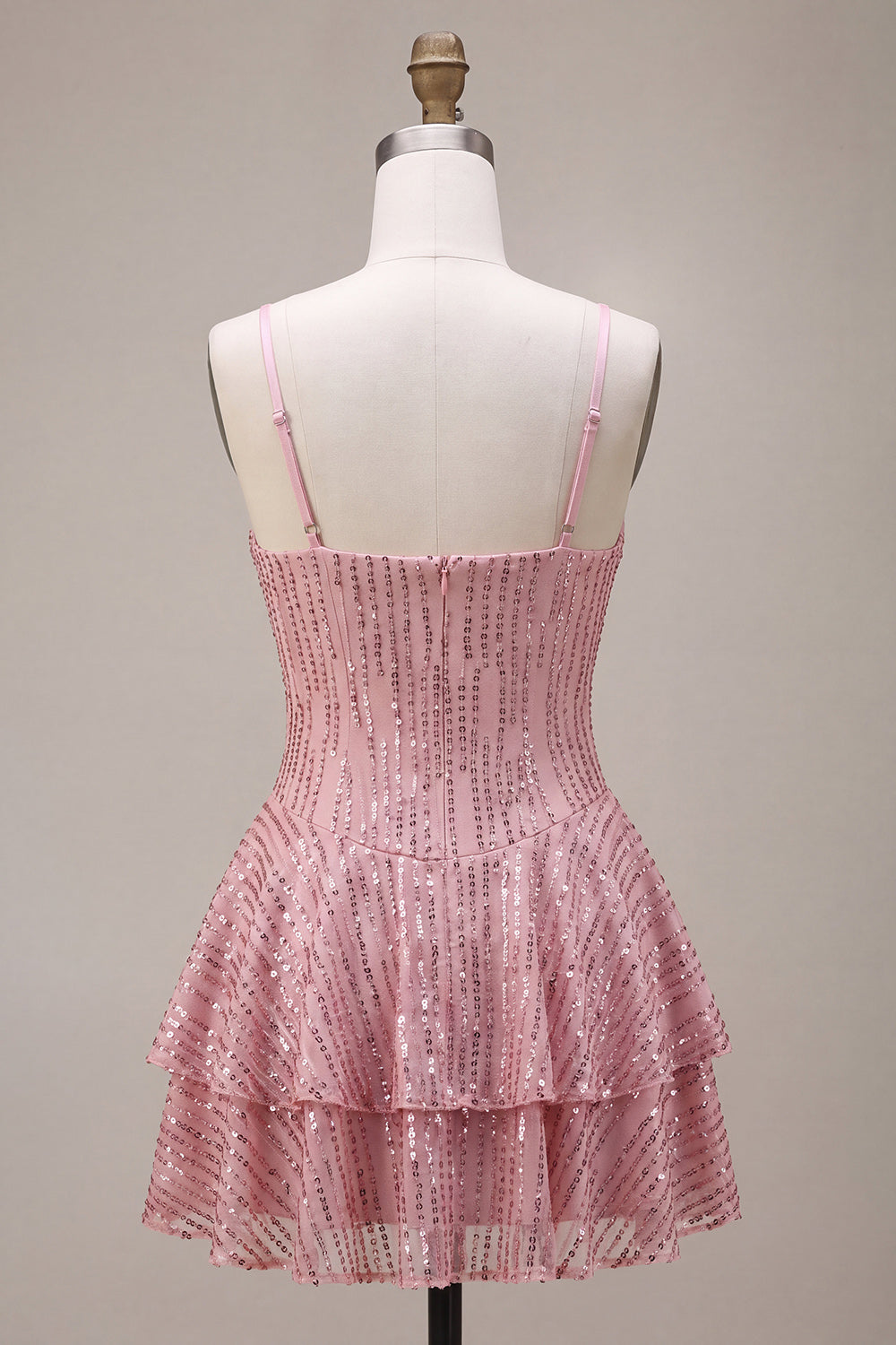A-Line Pink Tiered Ruffled Sequins Short Cocktail Dress