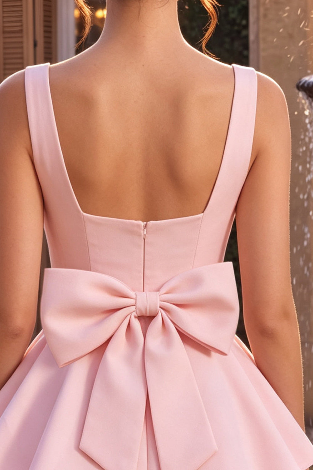 Pink A-Line Ruffled Square Neck Tiered Short Homecoming Dress with Bow