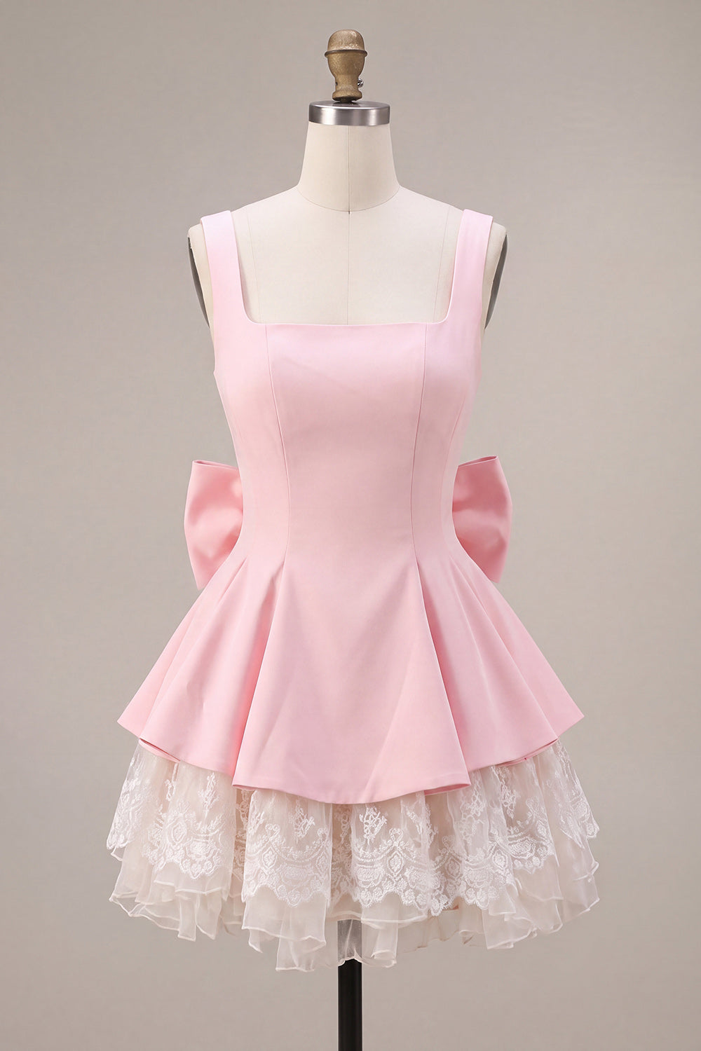 Pink A-Line Ruffled Square Neck Tiered Short Homecoming Dress with Bow