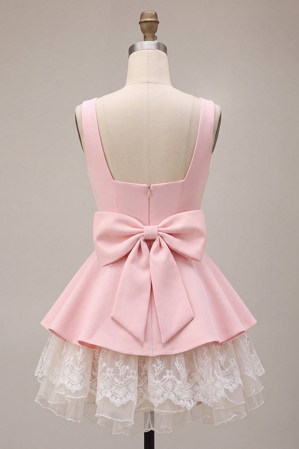 Pink A-Line Ruffled Square Neck Tiered Short Homecoming Dress with Bow