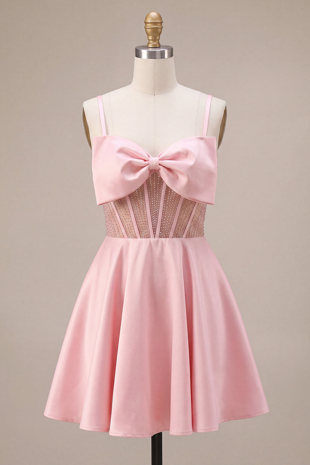 Pink A-Line Ruffled Sheer Corset Beaded Short Homecoming Dress with Bow