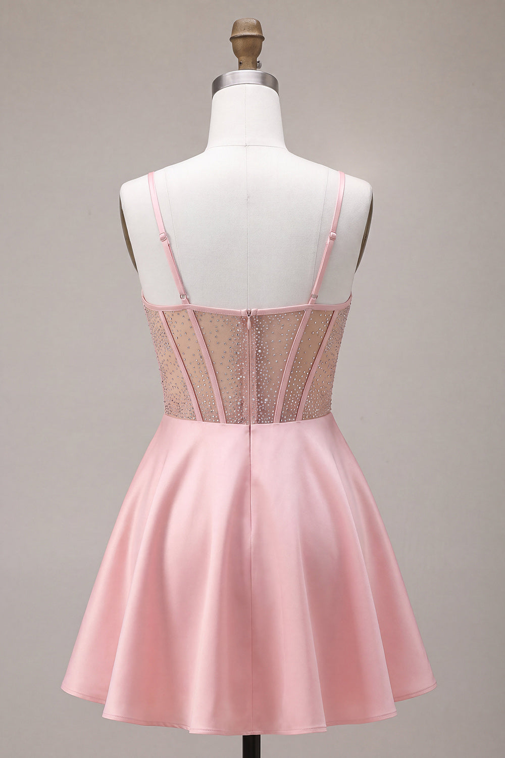 Pink A-Line Ruffled Sheer Corset Beaded Short Homecoming Dress with Bow