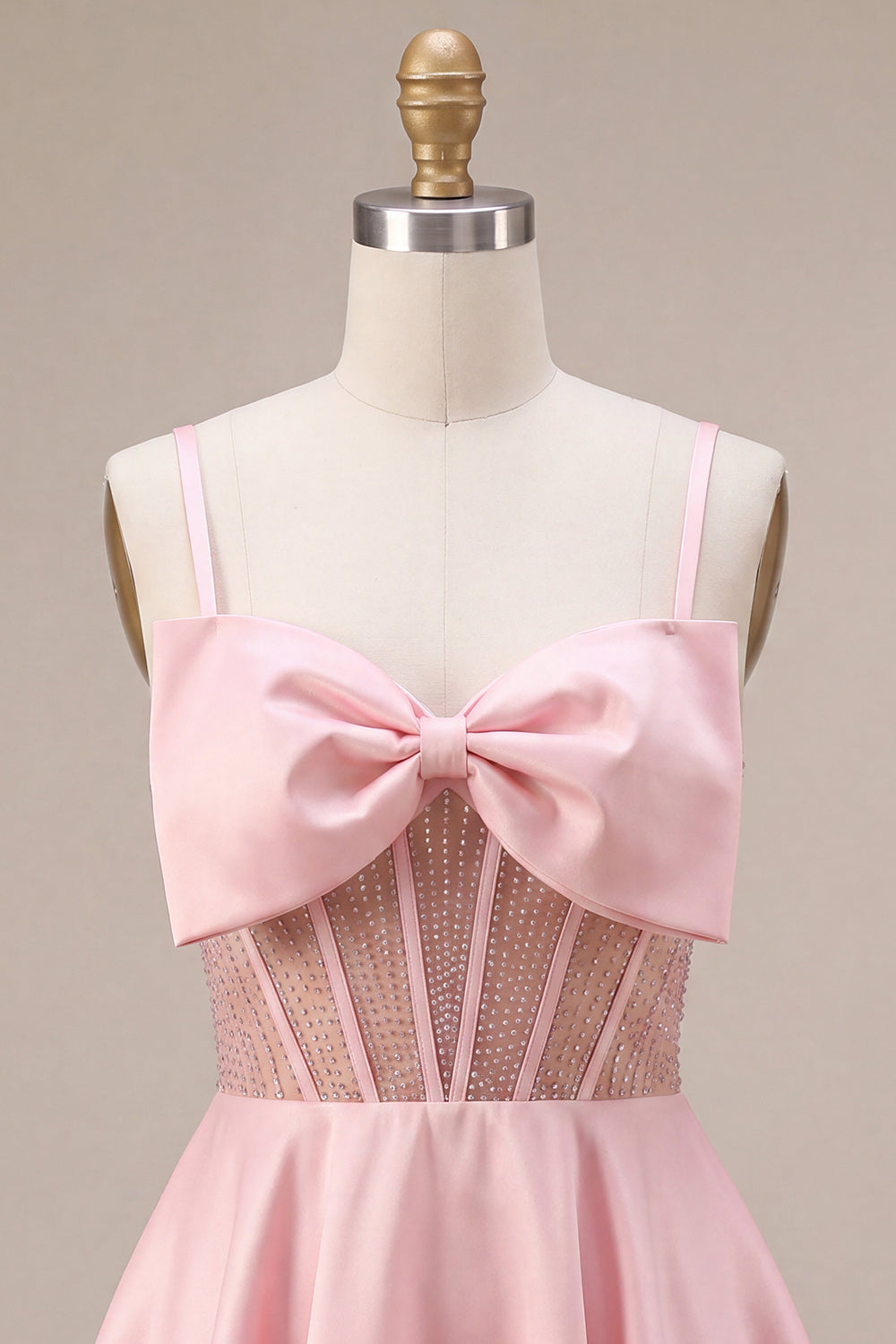 Pink A-Line Ruffled Sheer Corset Beaded Short Homecoming Dress with Bow
