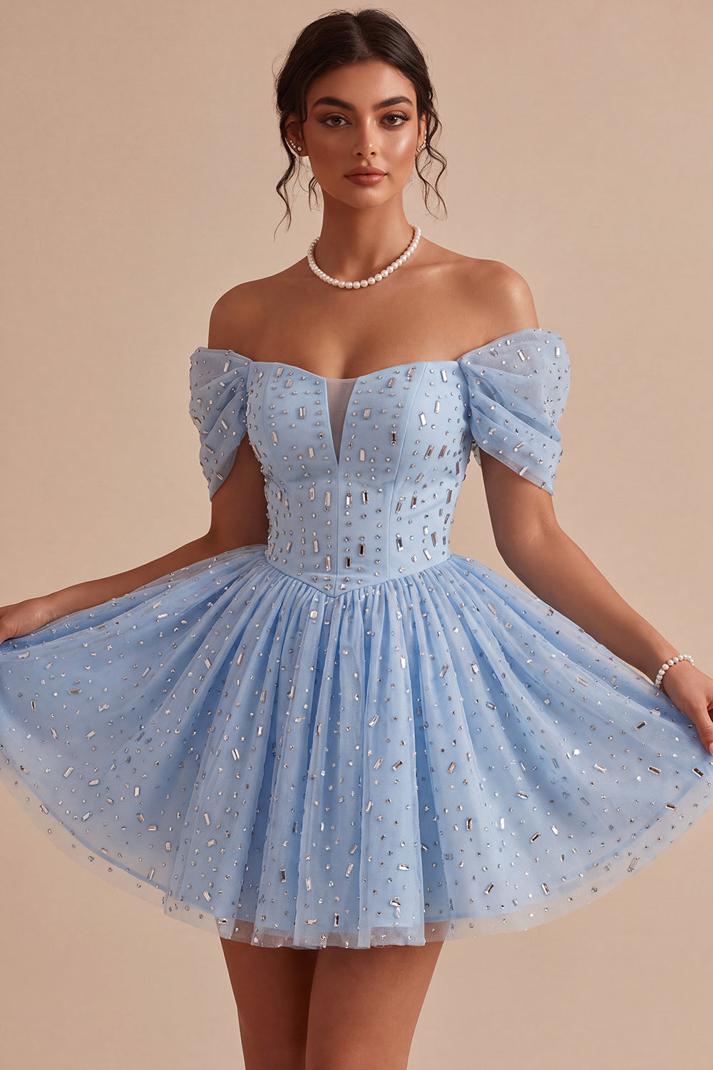 Off the Shoulder Blue A-Line Ruffled Corset Beaded Short Homecoming Dress