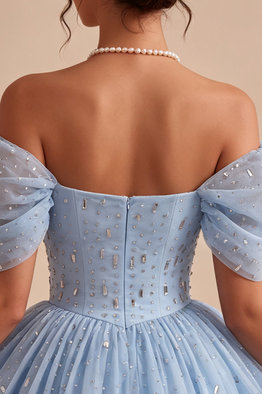 Off the Shoulder Blue A-Line Ruffled Corset Beaded Short Homecoming Dress