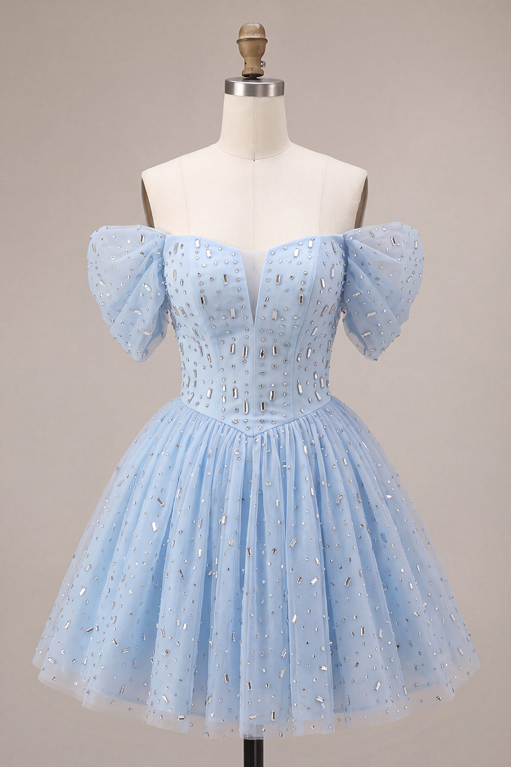 Off the Shoulder Blue A-Line Ruffled Corset Beaded Short Homecoming Dress