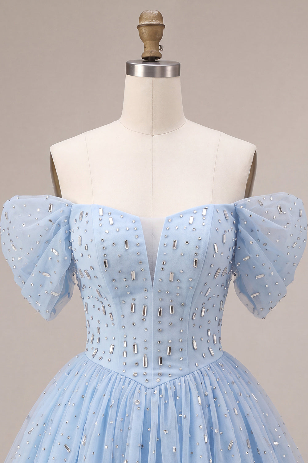 Off the Shoulder Blue A-Line Ruffled Corset Beaded Short Homecoming Dress