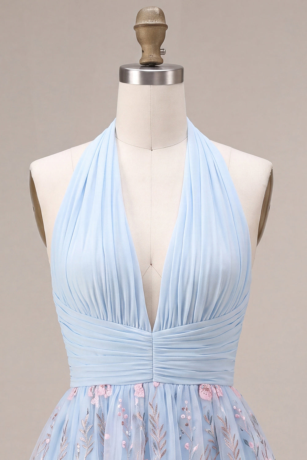 Halter Neck Blue A-Line Ruffled Ruched Floral Short Homecoming Dress