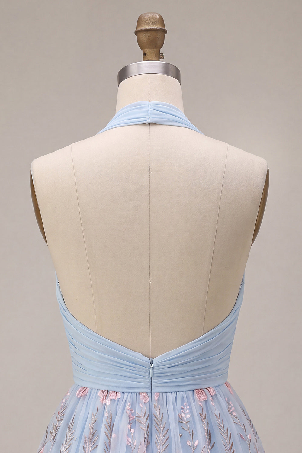 Halter Neck Blue A-Line Ruffled Ruched Floral Short Homecoming Dress