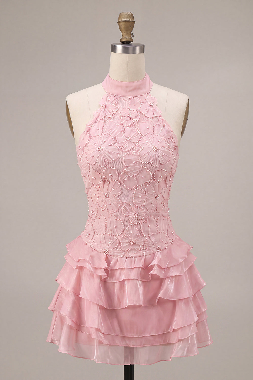 Pink Halter Neck Bodycon Tiered Ruffled Floral Pearls Short Homecoming Dress
