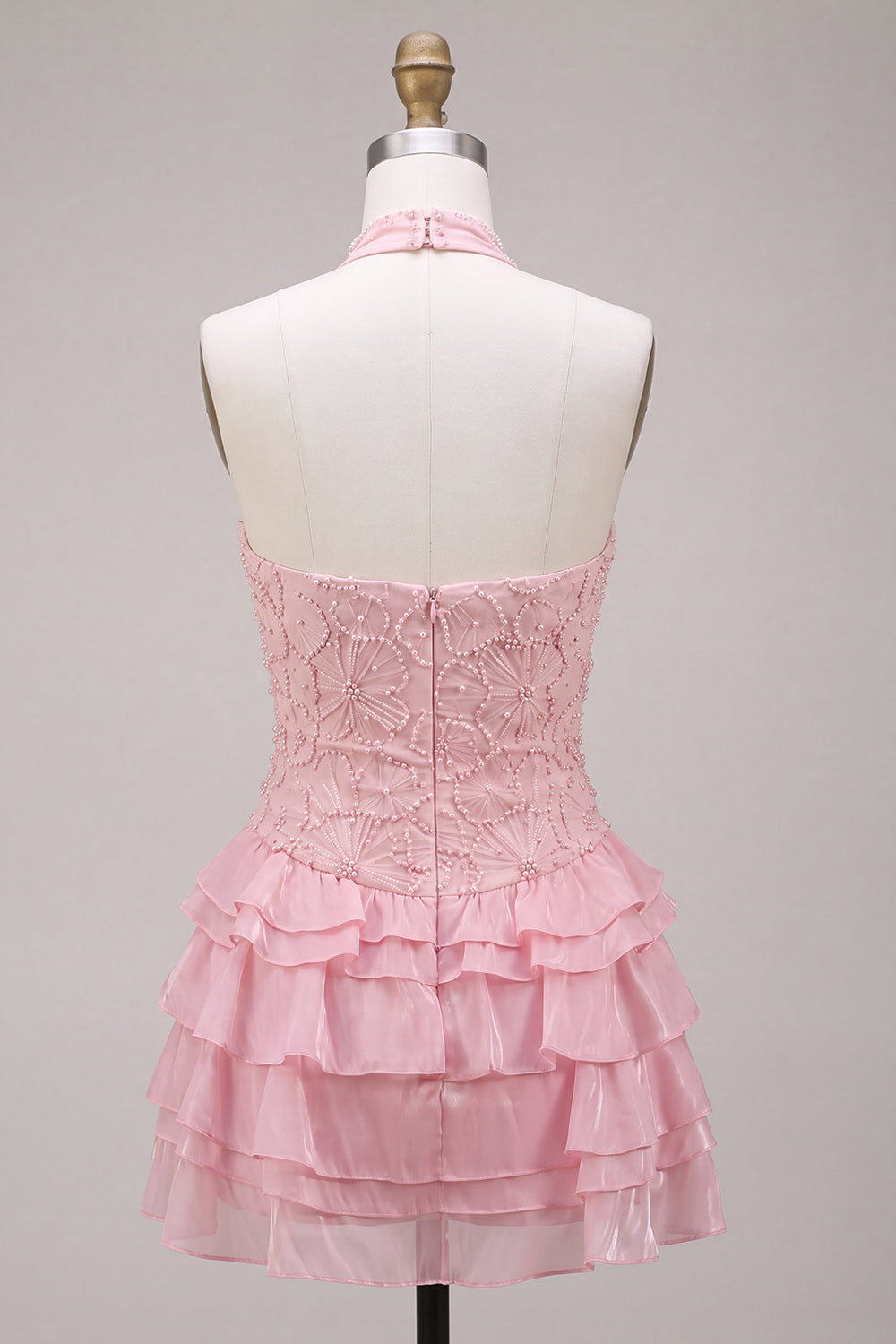 Pink Halter Neck Bodycon Tiered Ruffled Floral Pearls Short Homecoming Dress