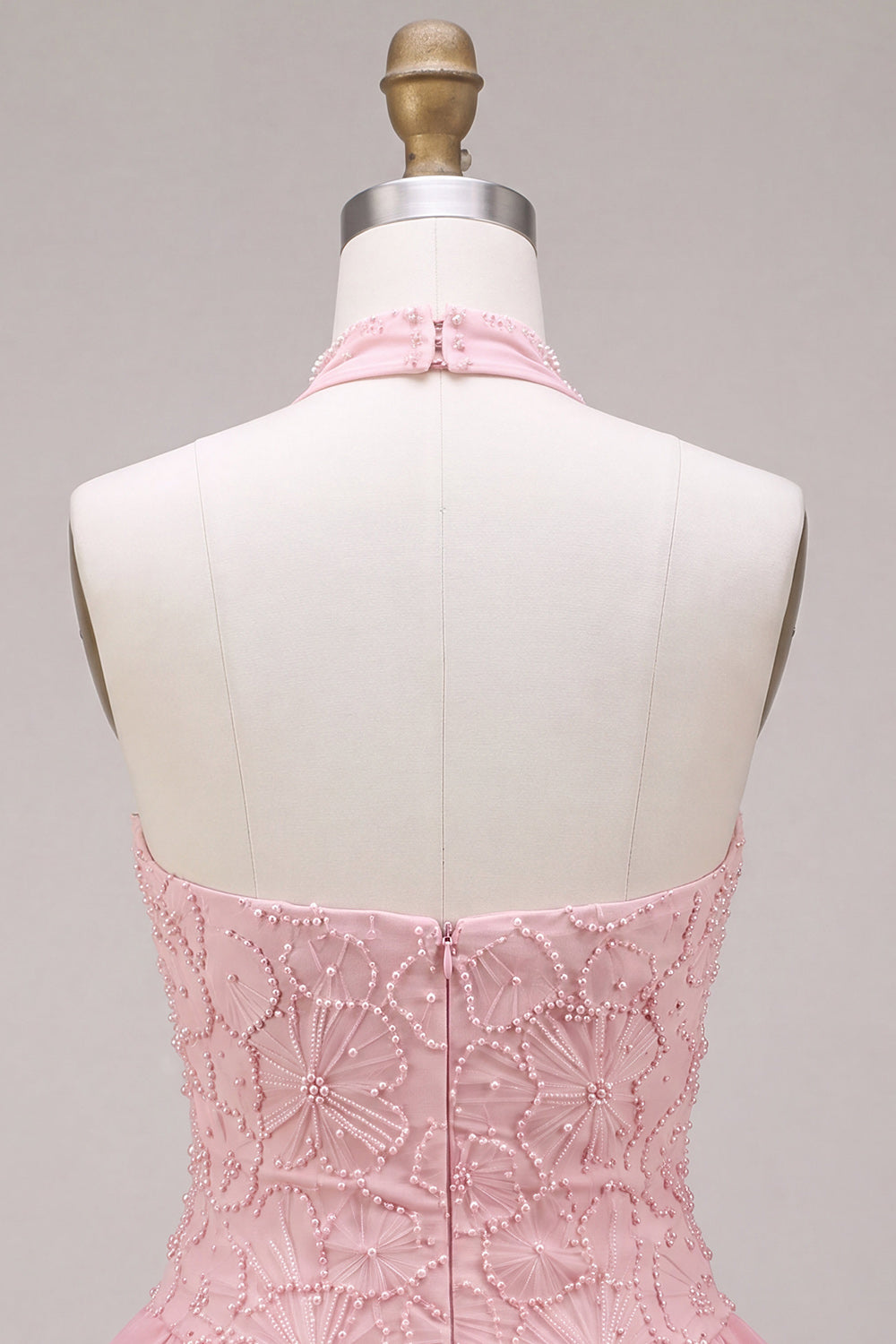 Pink Halter Neck Bodycon Tiered Ruffled Floral Pearls Short Homecoming Dress