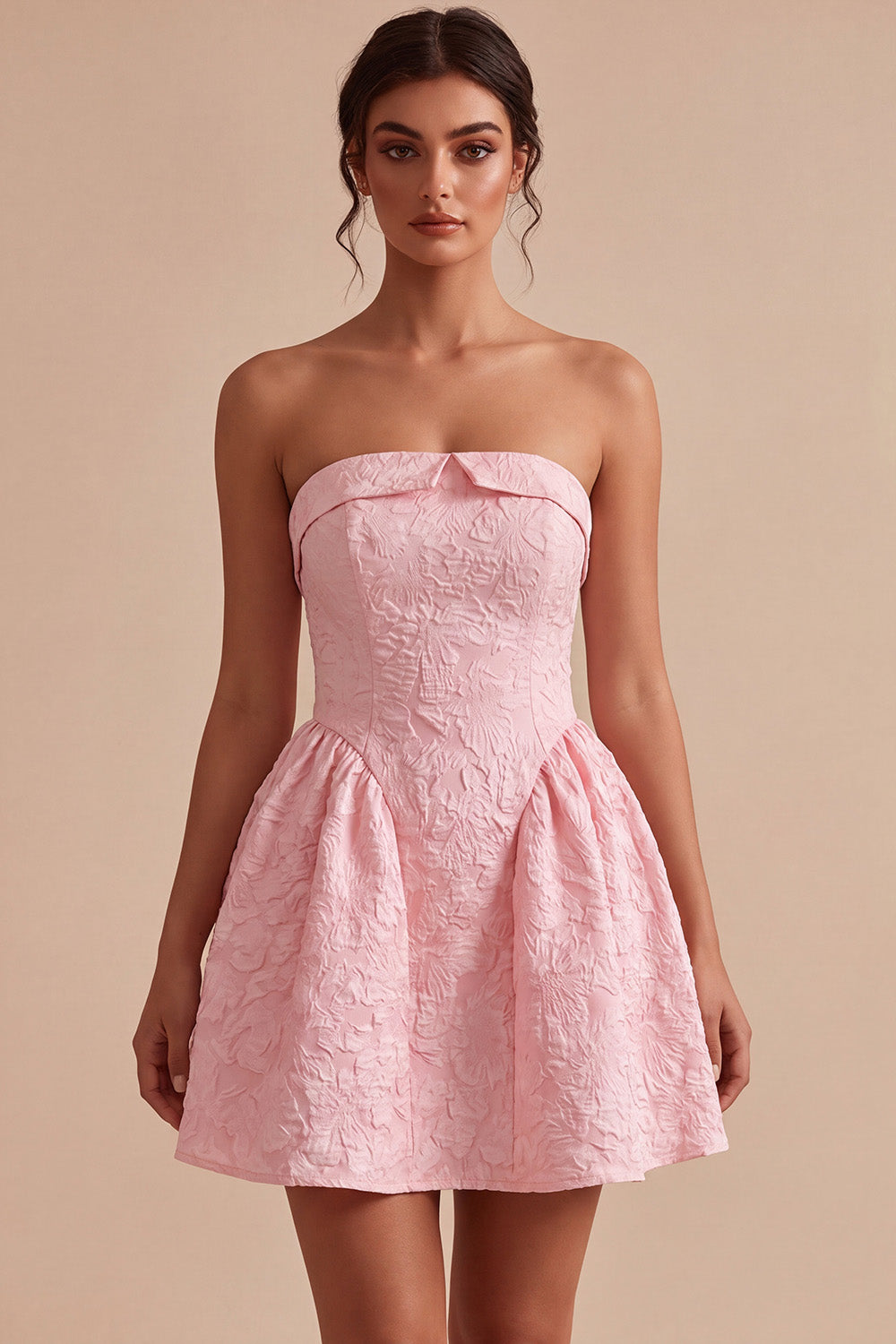 Strapless Pink Jacquard A-Line Ruffled Short Homecoming Dress