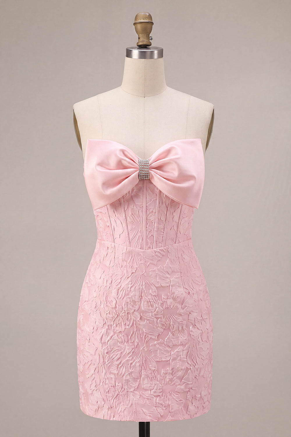 Strapless Pink Jacquard Bodycon Corset Short Homecoming Dress with Bow