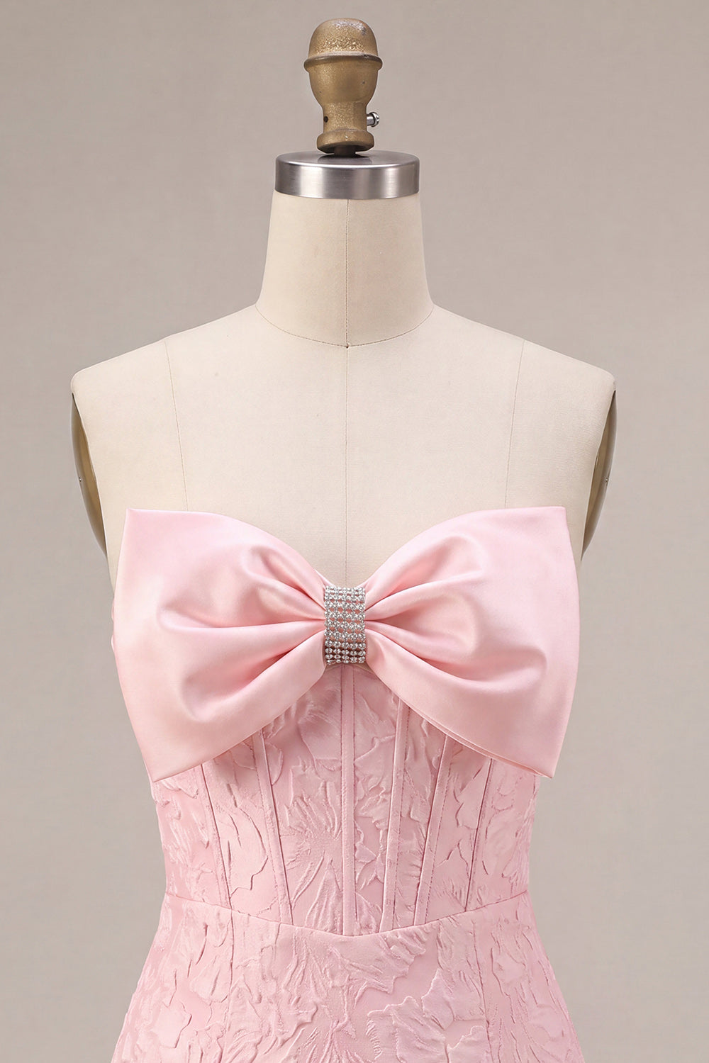 Strapless Pink Jacquard Bodycon Corset Short Homecoming Dress with Bow