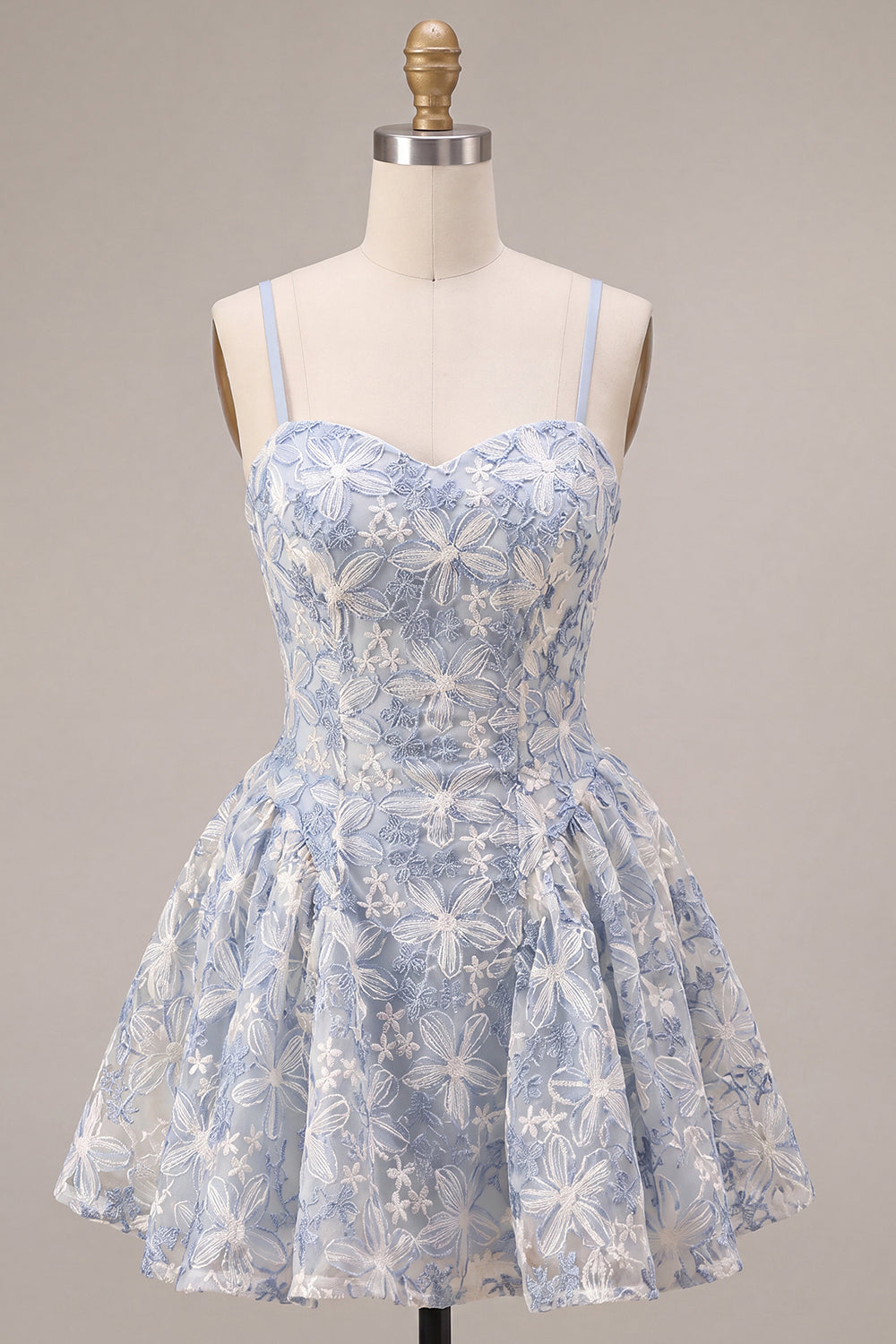Blue A-Line Floral Embroidered Ruffle Short Homecoming Dress
