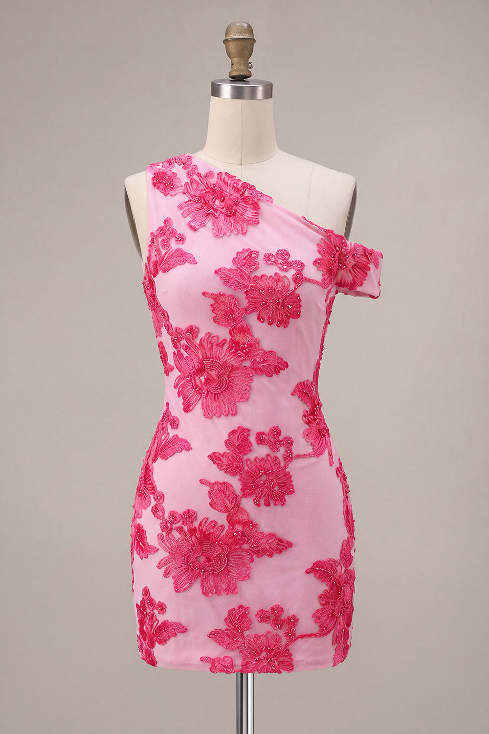 Fuchsia Bodycon One Shoulder Floral Embroidery Short Homecoming Dress