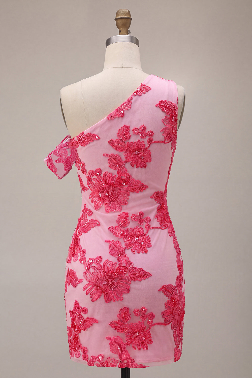 Fuchsia Bodycon One Shoulder Floral Embroidery Short Homecoming Dress