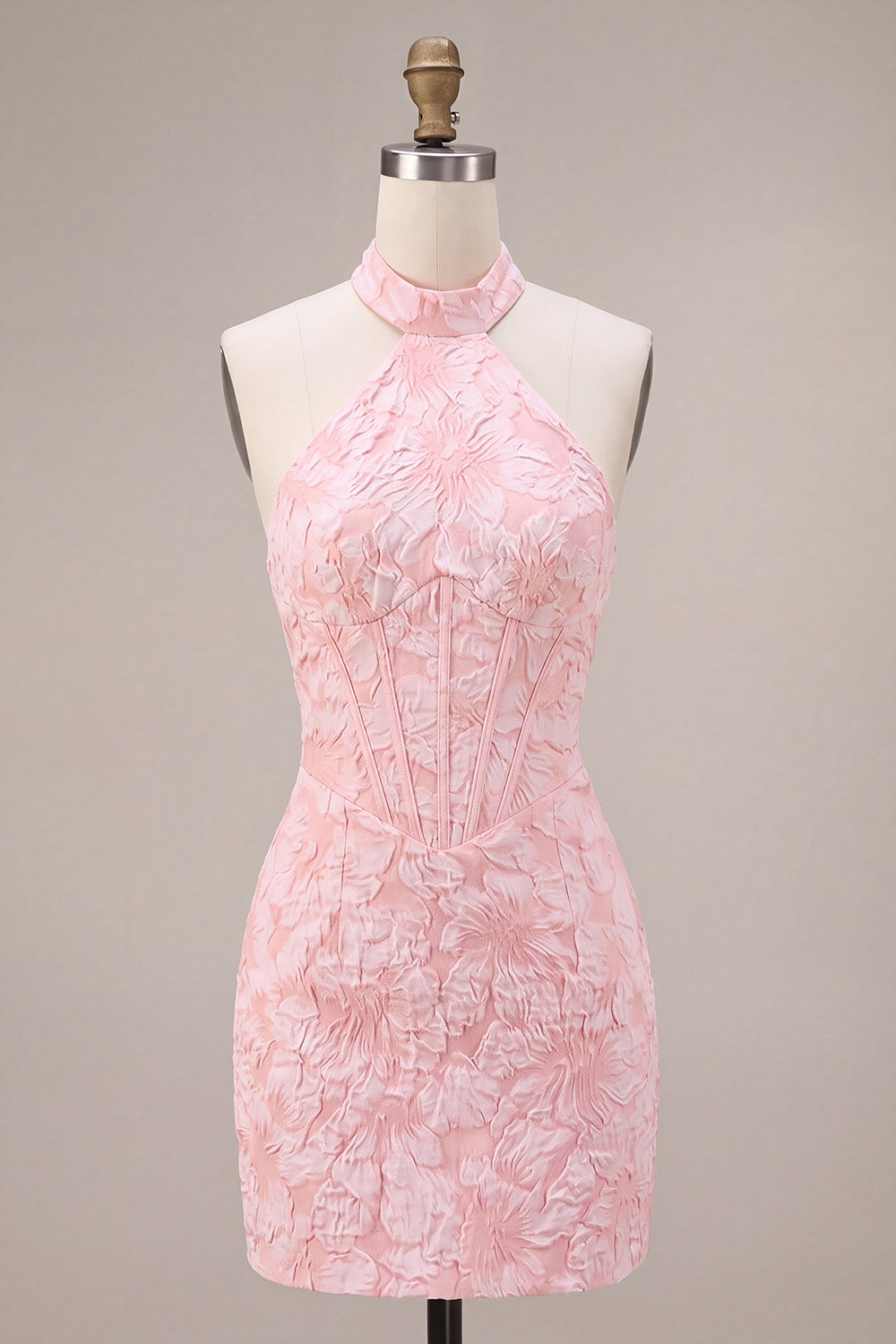 Pink Floral Halter Neck Bodycon Corset Jacquard Short Homecoming Dress