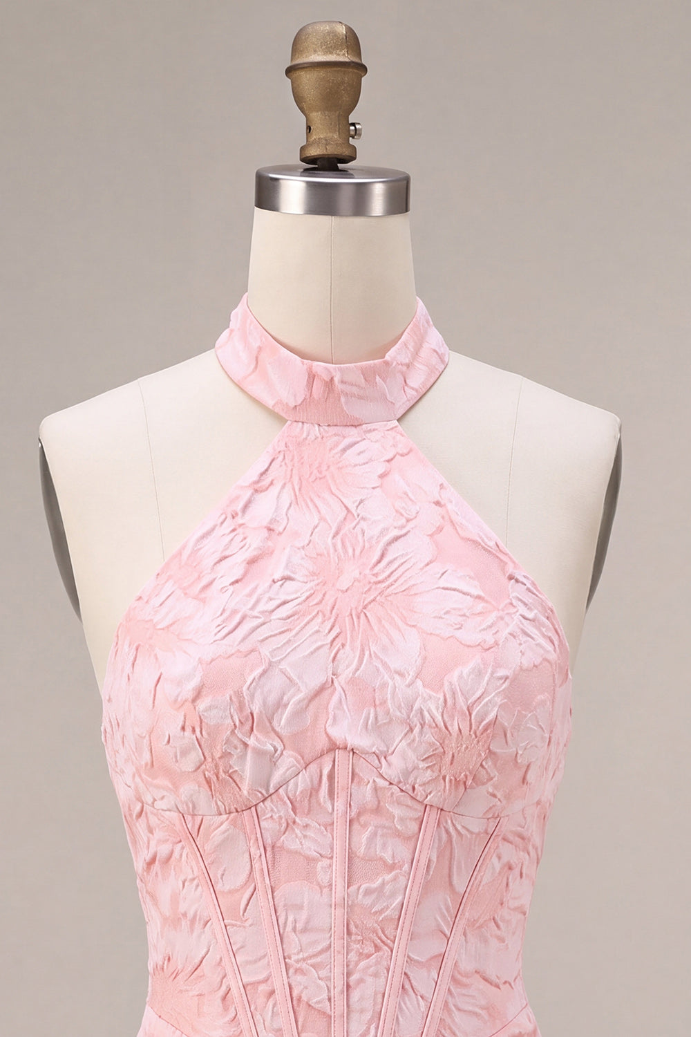 Pink Floral Halter Neck Bodycon Corset Jacquard Short Homecoming Dress