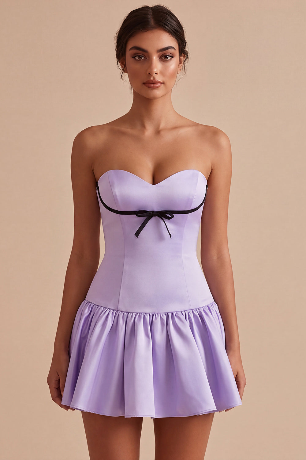 Lilac Satin Strapless A-Line Ruffle Short Homecoming Dress