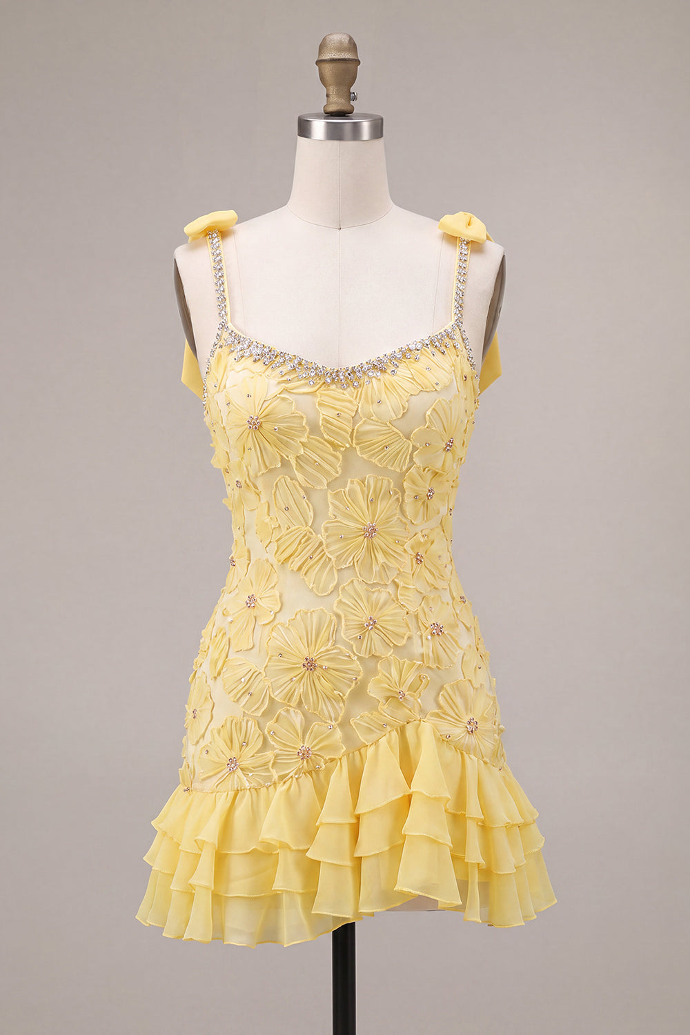 Yellow Bodycon Beaded Ruffled Floral Embroidery Homecoming Dress with Rhinestone Trim