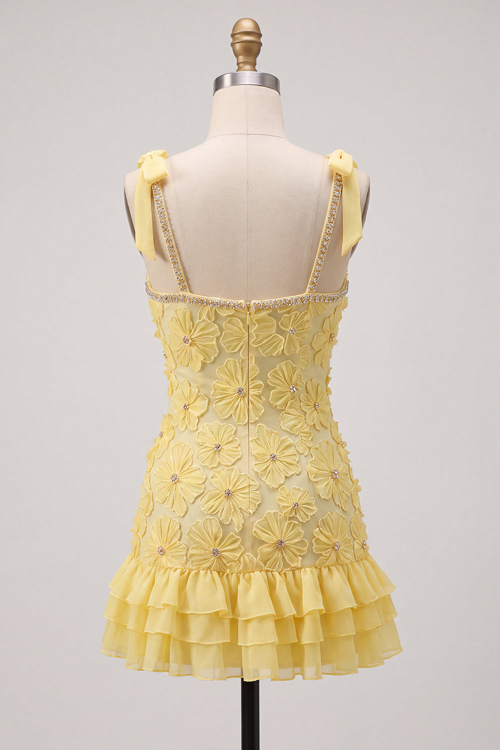 Yellow Bodycon Beaded Ruffled Floral Embroidery Homecoming Dress with Rhinestone Trim