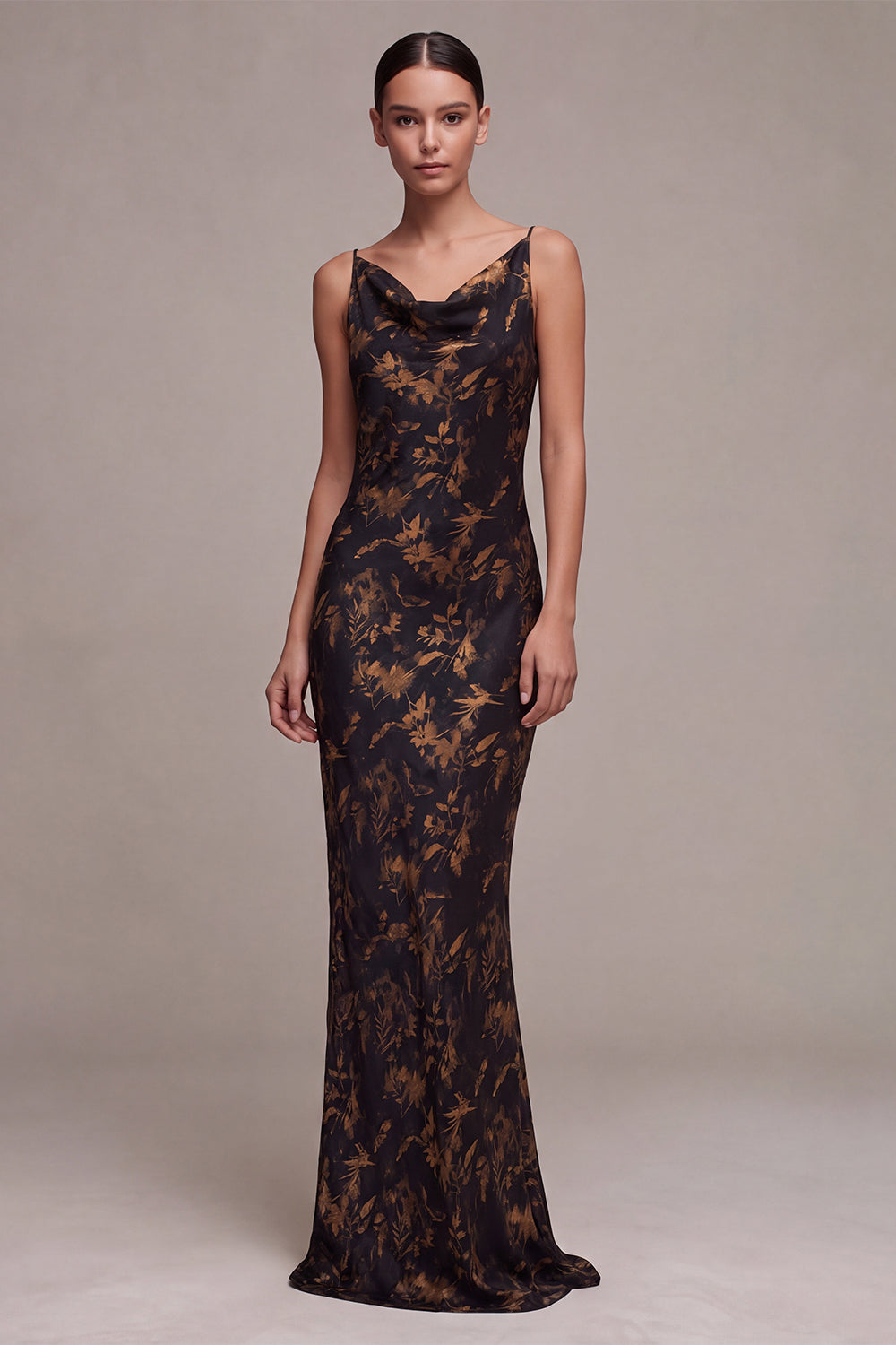 Black Mermaid Cowl Neck Floral Long Formal Dress