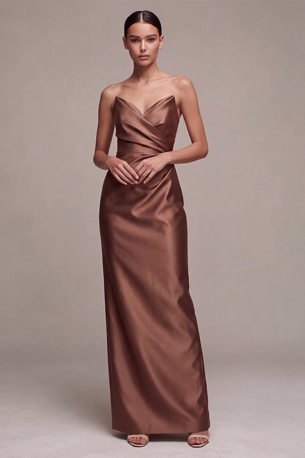 Coffee Strapless Ruched Sheath Satin Long Formal Dress with Slit