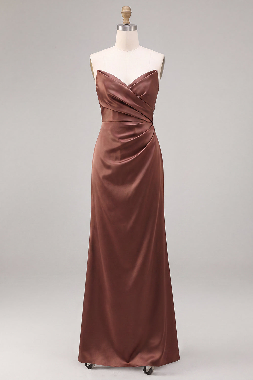 Coffee Strapless Ruched Sheath Satin Long Formal Dress with Slit