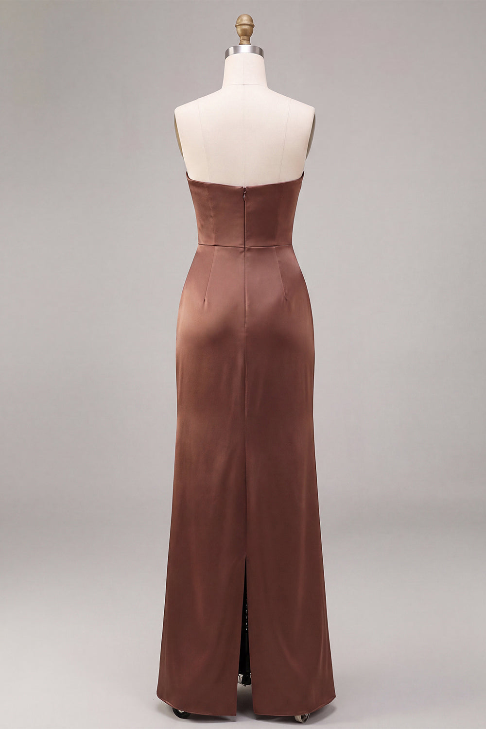 Coffee Strapless Ruched Sheath Satin Long Formal Dress with Slit