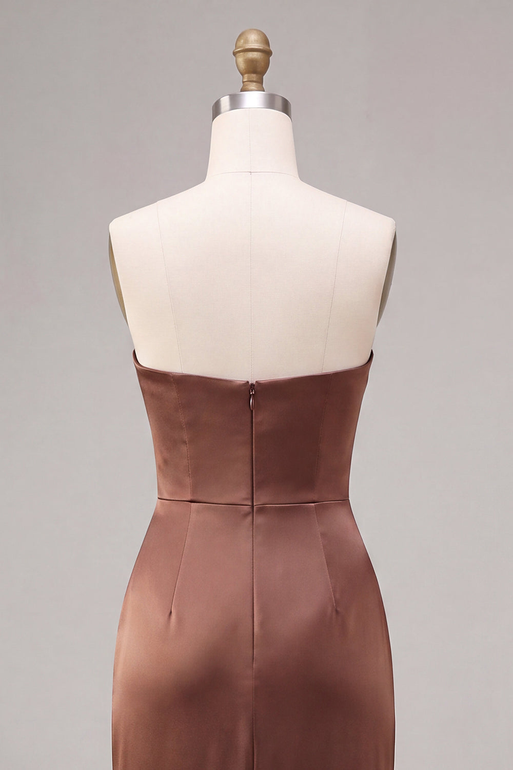 Coffee Strapless Ruched Sheath Satin Long Formal Dress with Slit