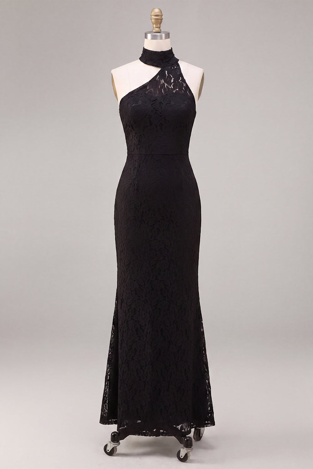 Halter Neck Black Mermaid Long Formal Dress with Lace