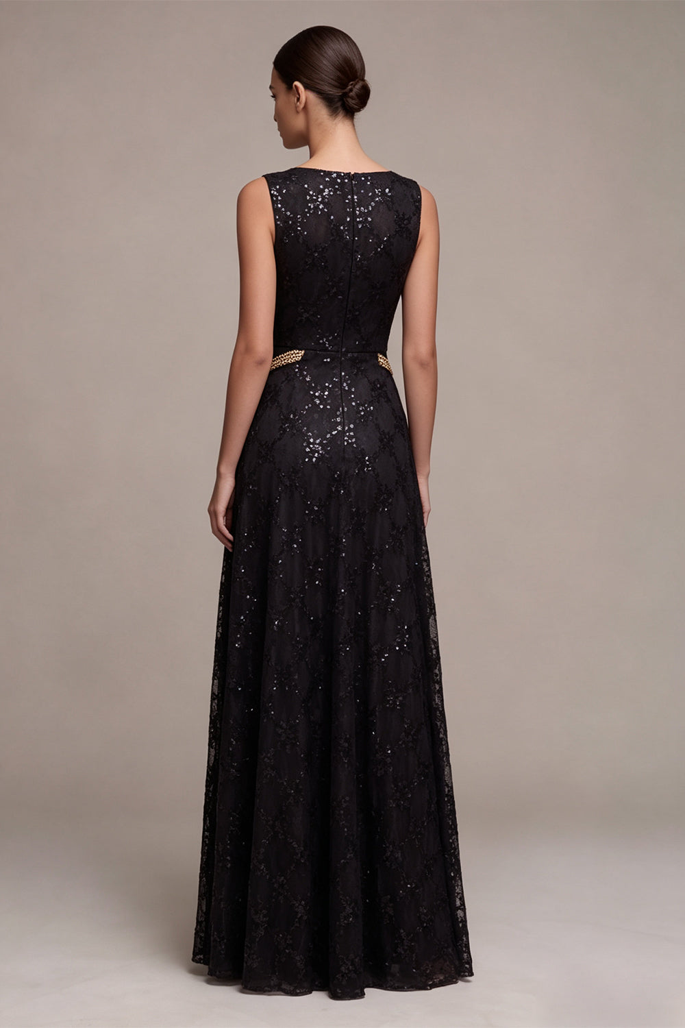 A-Line Black Round Neck Sequins Long Formal Dress